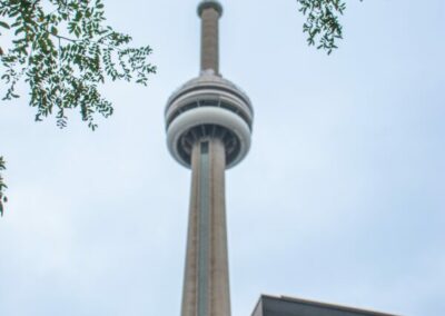 Photo of a CN Tower from the views in the streets with tress over it